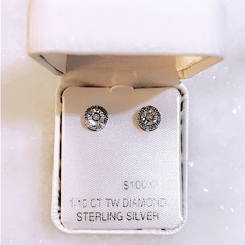 Authentic Diamond Halo Stud Earrings, Sterling Silver, 1/10 CT TW, New with Tags